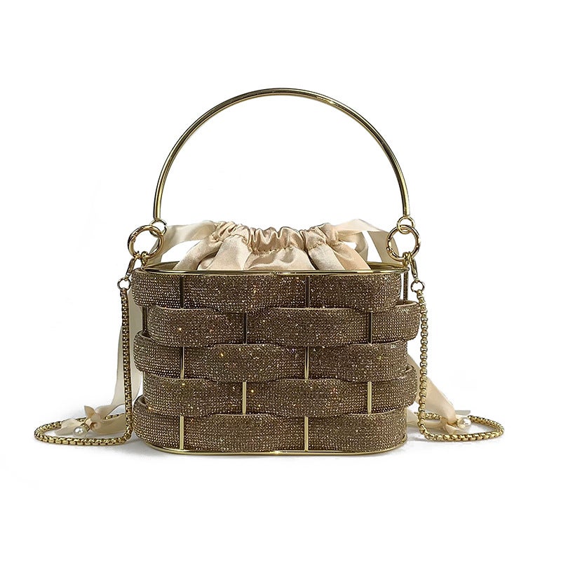 Bucket Bag Women'S Women'S Bag Portable Bird Cage Bag Woven Vegetable Basket Bag High-End Rhinestone Bag - Image 1