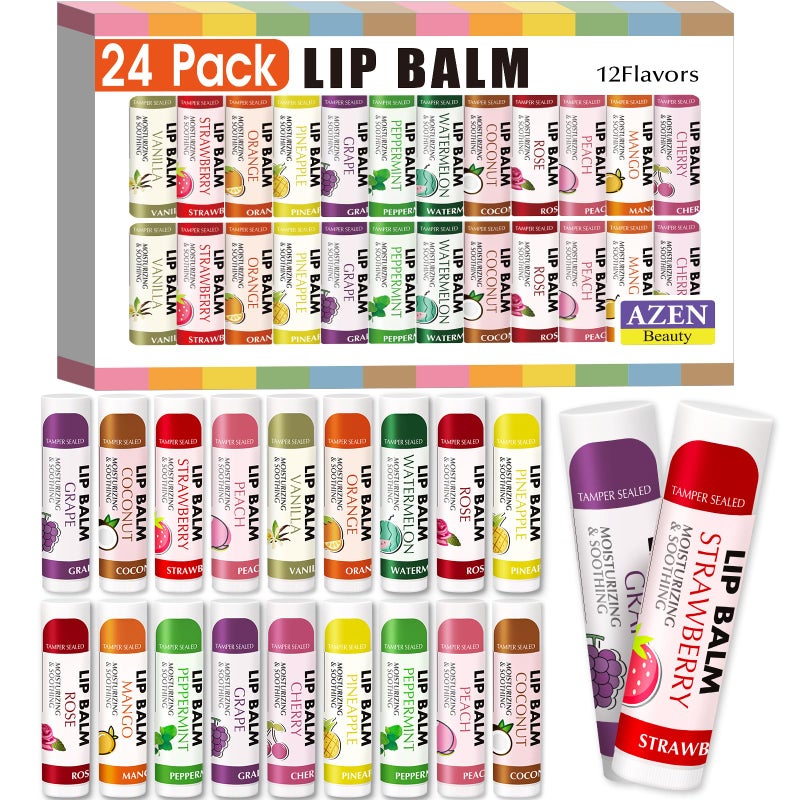 AZEN 24 Pack Lip Balm Bulk, Moisturizing Lip Balms for dry cracked lips, Valentines Gifts Easter Basket Stuffers - 12 Flavors - Image 1