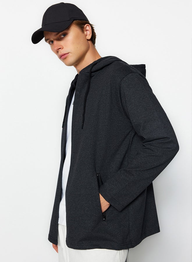 trendyol Anthracite Regular Fit Hooded Sweatshirt/Cardigan - Image 2