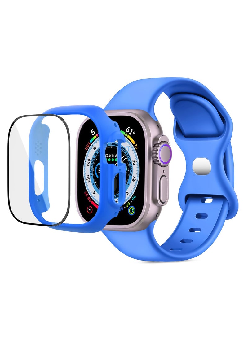سوار مع حافظة لساعة Apple Watch Ultra/Ultra 2 مقاس 49 مم، سوار رياضي بديل من السيليكون قابل للتعديل، حزام مع غطاء وواقي شاشة زجاجي مدمج لساعة iWatch Ultra مقاس 49 مم (أزرق فاتح) - Image 1