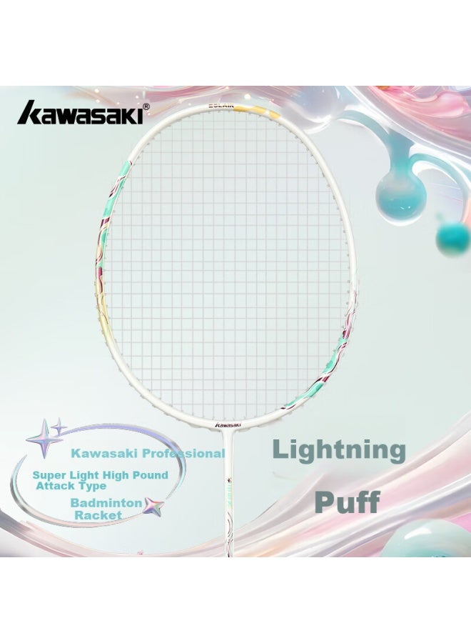 Kawasaki Badminton Racket, Full Carbon Fiber, 5u Ultra-light Offensive Type Single Racket, Lightning Puff, Matcha Cream Green (pre-strung)