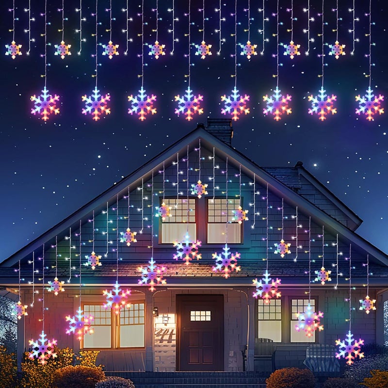 Brightown Brightown Snowflake Lights 20Ft 228 LED Icicle Lights for Outside with 24 Drops Connectable Curtain Christmas String Lights for Indoor Outdoor House Eaves Window Porch Tree Multicolor  - Image 1