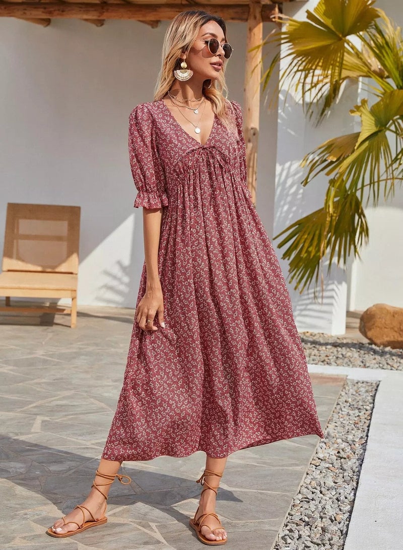 Plunging Neck Knot Front Ditsy Floral Dress  - Image 3