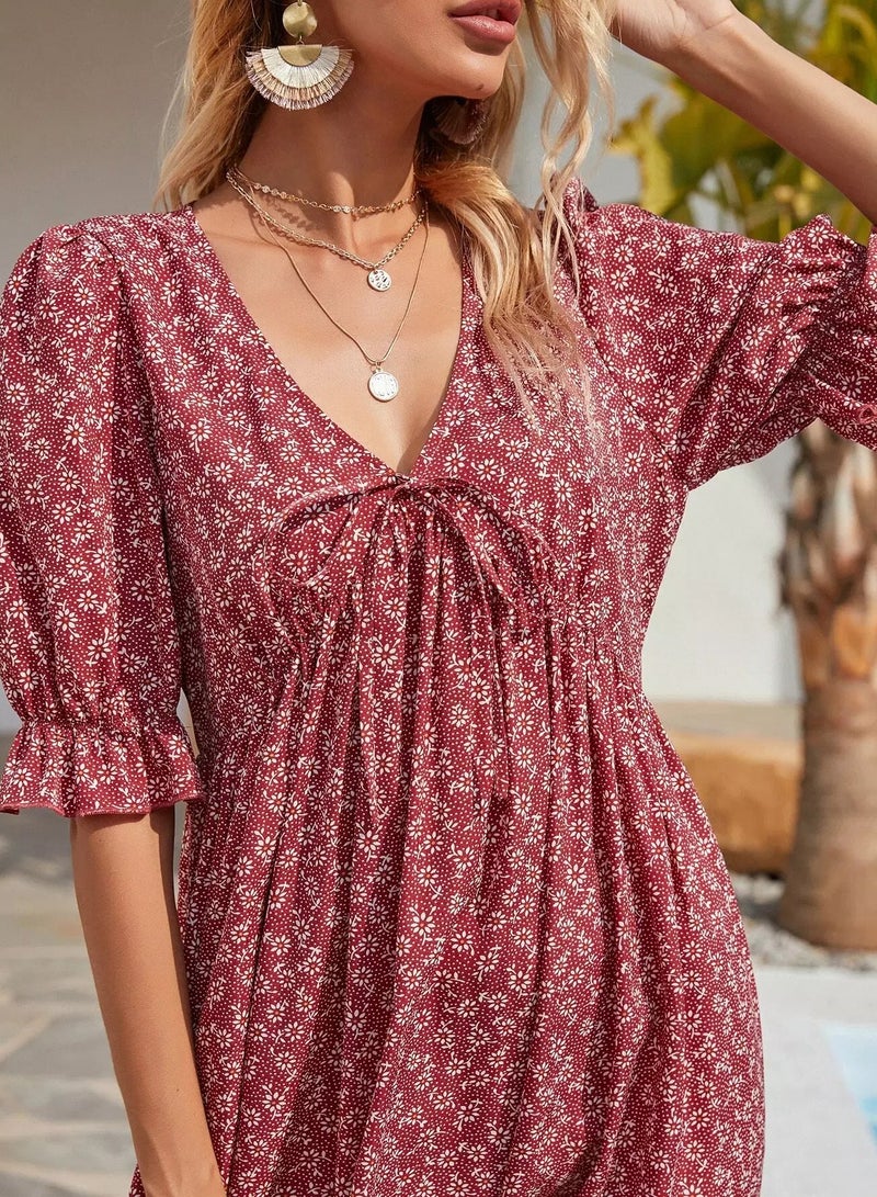 Plunging Neck Knot Front Ditsy Floral Dress  - Image 5