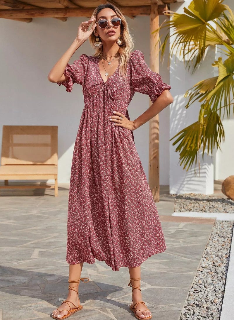 Plunging Neck Knot Front Ditsy Floral Dress  - Image 4