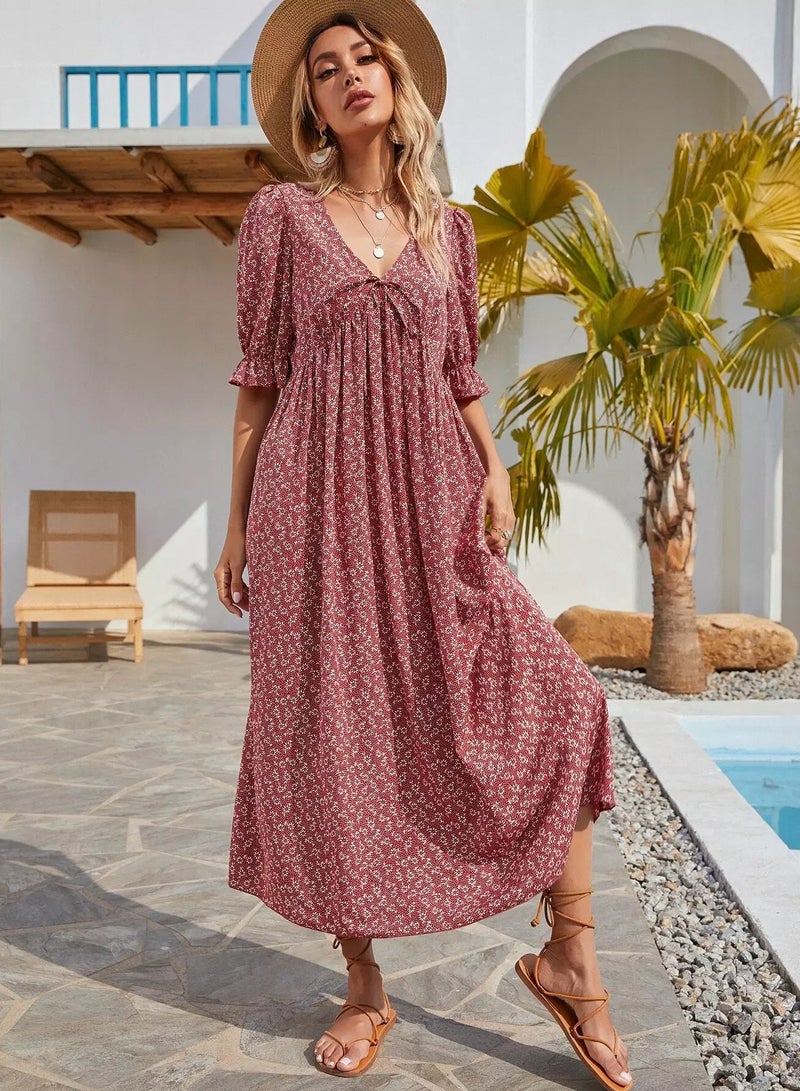 Plunging Neck Knot Front Ditsy Floral Dress  - Image 1