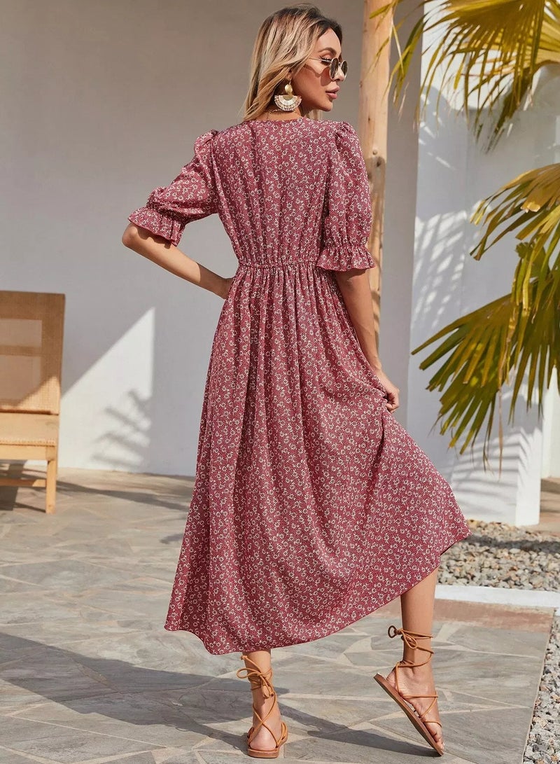 Plunging Neck Knot Front Ditsy Floral Dress  - Image 2