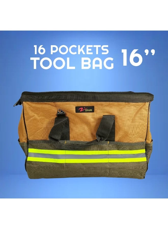 ZOJO 16 Inch Tool Bag with 16 Pockets, Heavy Duty Tool Storage Bag, Wide Mouth Electrician Tool Organizer, Reinforced Handle, Adjustable Shoulder Strap, Multi Pocket Tool Carry Bag for Home, Garage & Professional Use - Image 1