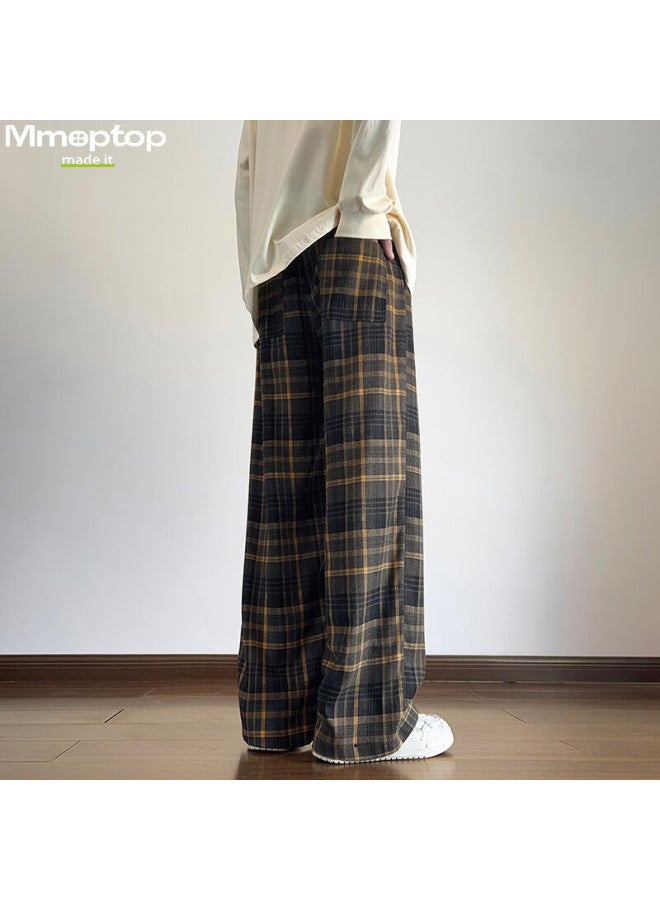 Mmoptop Retro Distressed Plaid Straight Pants Summer Men's Trend Loose Drape Wide Leg Pants Mxxk42 Yellow XL - Image 5
