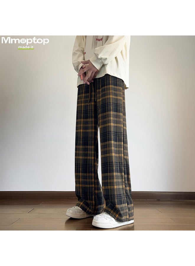 Mmoptop Retro Distressed Plaid Straight Pants Summer Men's Trend Loose Drape Wide Leg Pants Mxxk42 Yellow XL - Image 3