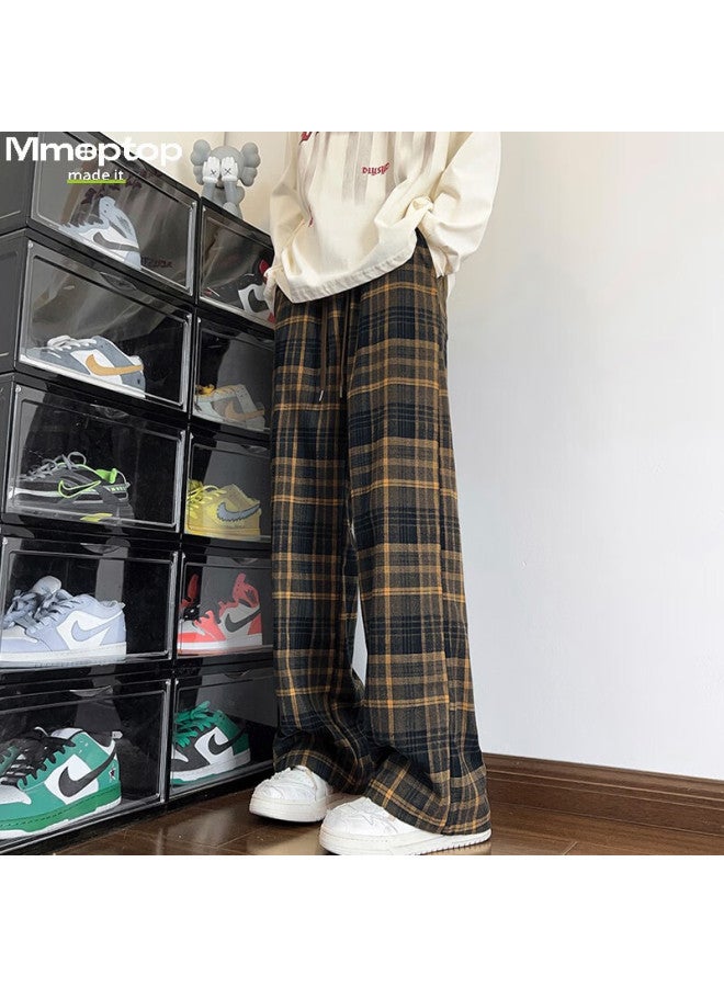 Mmoptop Retro Distressed Plaid Straight Pants Summer Men's Trend Loose Drape Wide Leg Pants Mxxk42 Yellow XL - Image 1