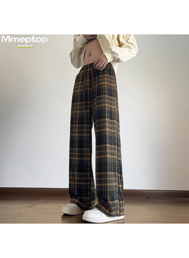 Mmoptop Retro Distressed Plaid Straight Pants Summer Men's Trend Loose Drape Wide Leg Pants Mxxk42 Yellow XL - Image 4