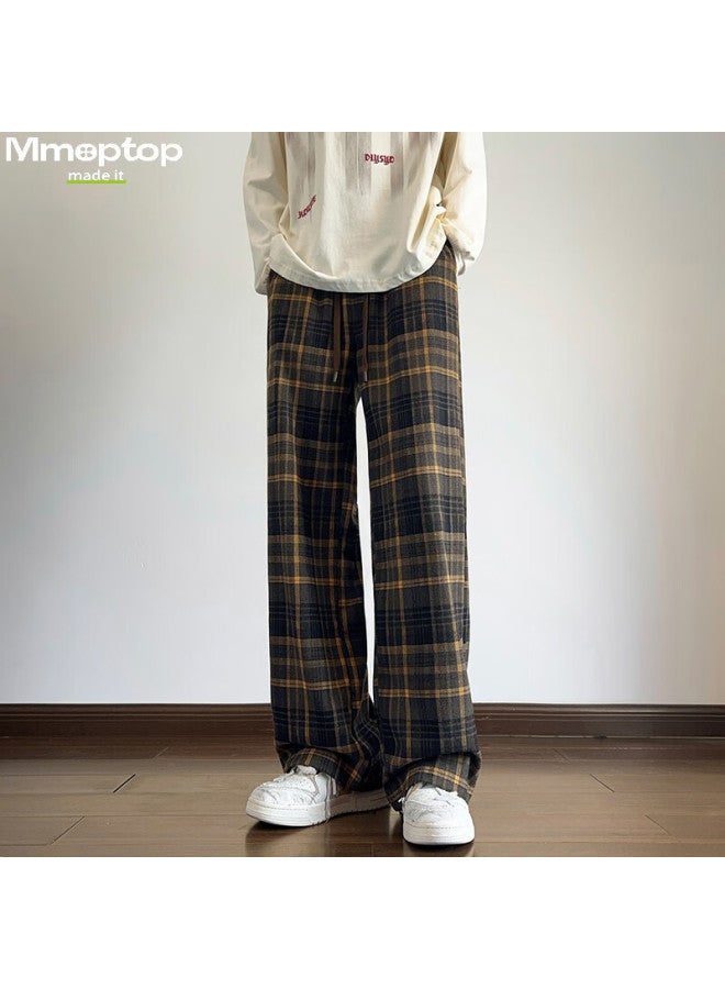 Mmoptop Retro Distressed Plaid Straight Pants Summer Men's Trend Loose Drape Wide Leg Pants Mxxk42 Yellow XL - Image 2