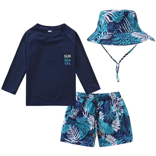 HDOBHIO Toddler and Baby Boys' 3-Piece Swimsuit Trunk Rashguard Set Sun Hat Swimwear Bathing Suit Sunsuit Swim Shirt Set Navy Tropical 12-18 Months - Image 1