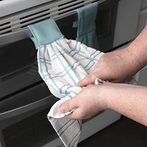 Ritz Premium 100% Cotton Solid and Multi Check Kitchen Tie Towel Absorbent, Super Soft, and Fast Drying Hang Towel, Set of Three, Dew - Image 4