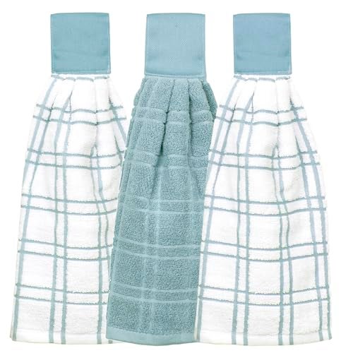 Ritz Premium 100% Cotton Solid and Multi Check Kitchen Tie Towel Absorbent, Super Soft, and Fast Drying Hang Towel, Set of Three, Dew - Image 1