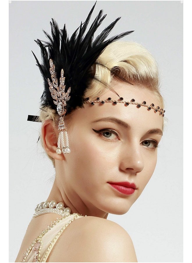 BABEYOND Art Deco 1920'S Flapper Great Gatsby Inspired Leaf Medallion Pearl Headband Black Feather (Gold And Black Feather)  - Image 1