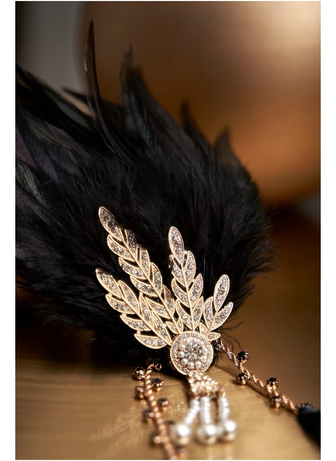 BABEYOND Art Deco 1920'S Flapper Great Gatsby Inspired Leaf Medallion Pearl Headband Black Feather (Gold And Black Feather)  - Image 2