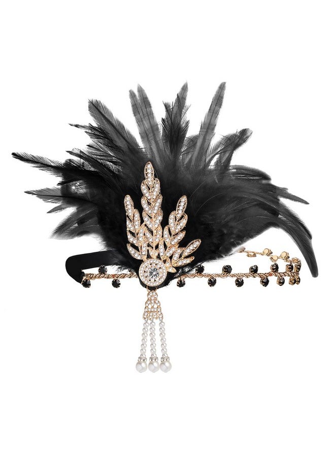 BABEYOND Art Deco 1920'S Flapper Great Gatsby Inspired Leaf Medallion Pearl Headband Black Feather (Gold And Black Feather)  - Image 3