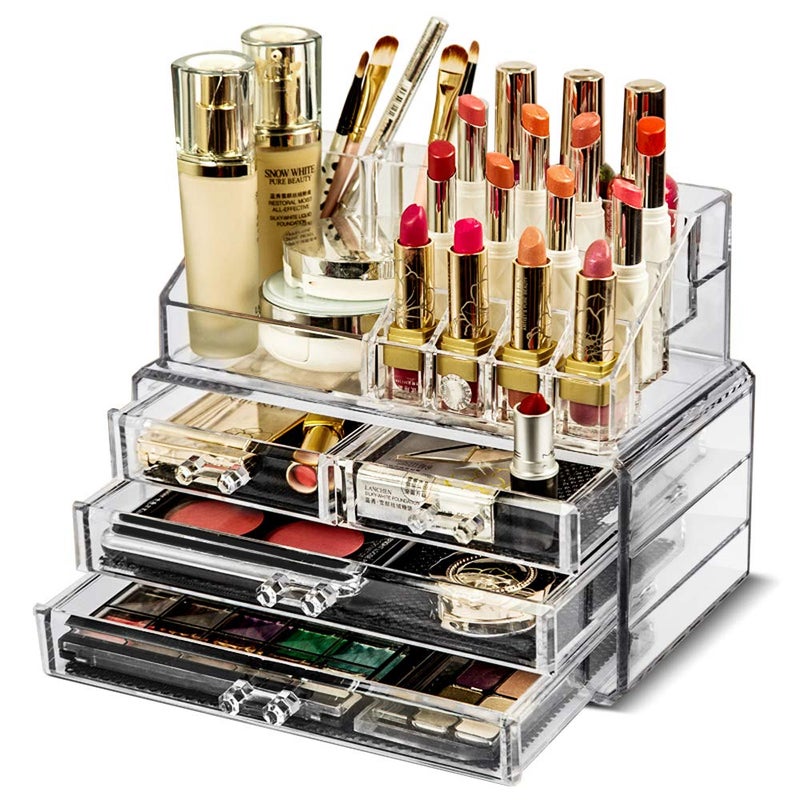 Flexzion Makeup Organizer - Cosmetic Jewelry Box Storage Holder Case Container Acrylic Display 2 Pieces Set - 20 Sections with 4 Drawers Space-Saving, Great for Lipsticks, Liners, Brushes