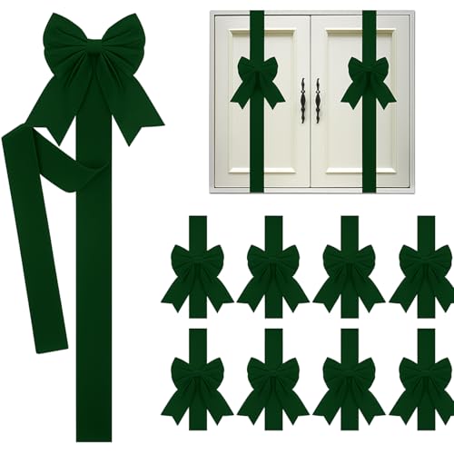 Syhood 8 Pieces Christmas Cabinet Big Bows Door Decorative Ribbon Festive Large Cabinet Ribbon Bows for Kitchen Cabinets Furniture Room Decorations Dark Green - Image 1