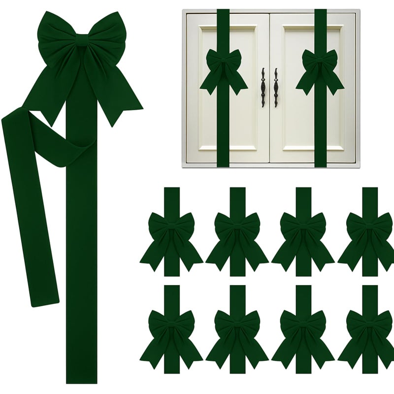 Syhood 8 Pieces Christmas Cabinet Big Bows Door Decorative Ribbon Festive Large Cabinet Ribbon Bows for Kitchen Cabinets Furniture Room Decorations Dark Green - Image 2