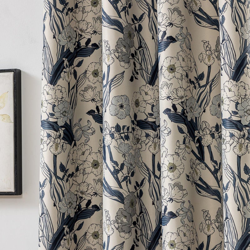 SUOUO Grey Blue Vintage Floral Blackout Curtains for Bedroom 84 inches Long 2 Panels Patterned Wildflower Room Darkening Window Drapes for Living Room - Image 1