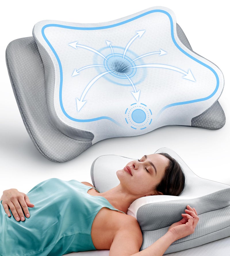 EKIFT Ease Now Cervical Neck Pillow for Pain Relief Beauty Sleeping Cooling Pillow for Side Back Stomach Sleeper Odorless Memory Foam Bed Pillows Deep SleepErgonomic Orthopedic Contour Neck Support