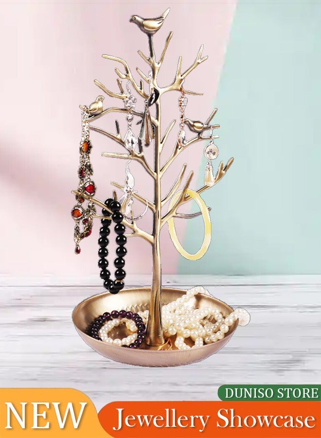 Jewelry Display, Necklace Earring Organizer Holder, Metal Birds Tree Stand with Tray Antique Bracelet Rings Rack Tower Decoration for Women Girl Gold  - Image 1