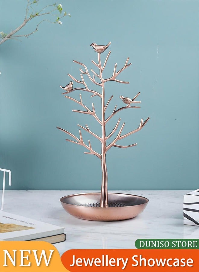Jewelry Display, Necklace Earring Organizer Holder, Metal Birds Tree Stand with Tray Antique Bracelet Rings Rack Tower Decoration for Women Girl Gold  - Image 2