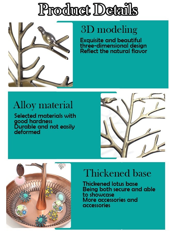 Jewelry Display, Necklace Earring Organizer Holder, Metal Birds Tree Stand with Tray Antique Bracelet Rings Rack Tower Decoration for Women Girl Gold  - Image 3
