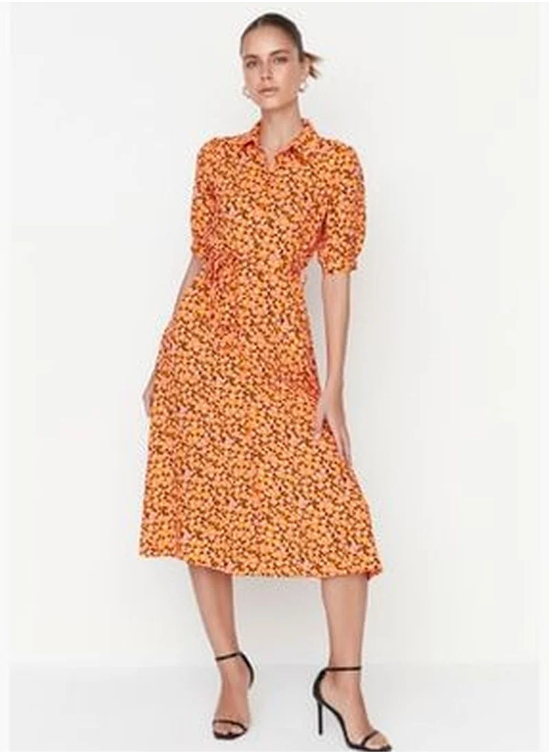 trendyol Orange Belted Shirt Midi Woven Floral Print Dress TWOSS20EL1559