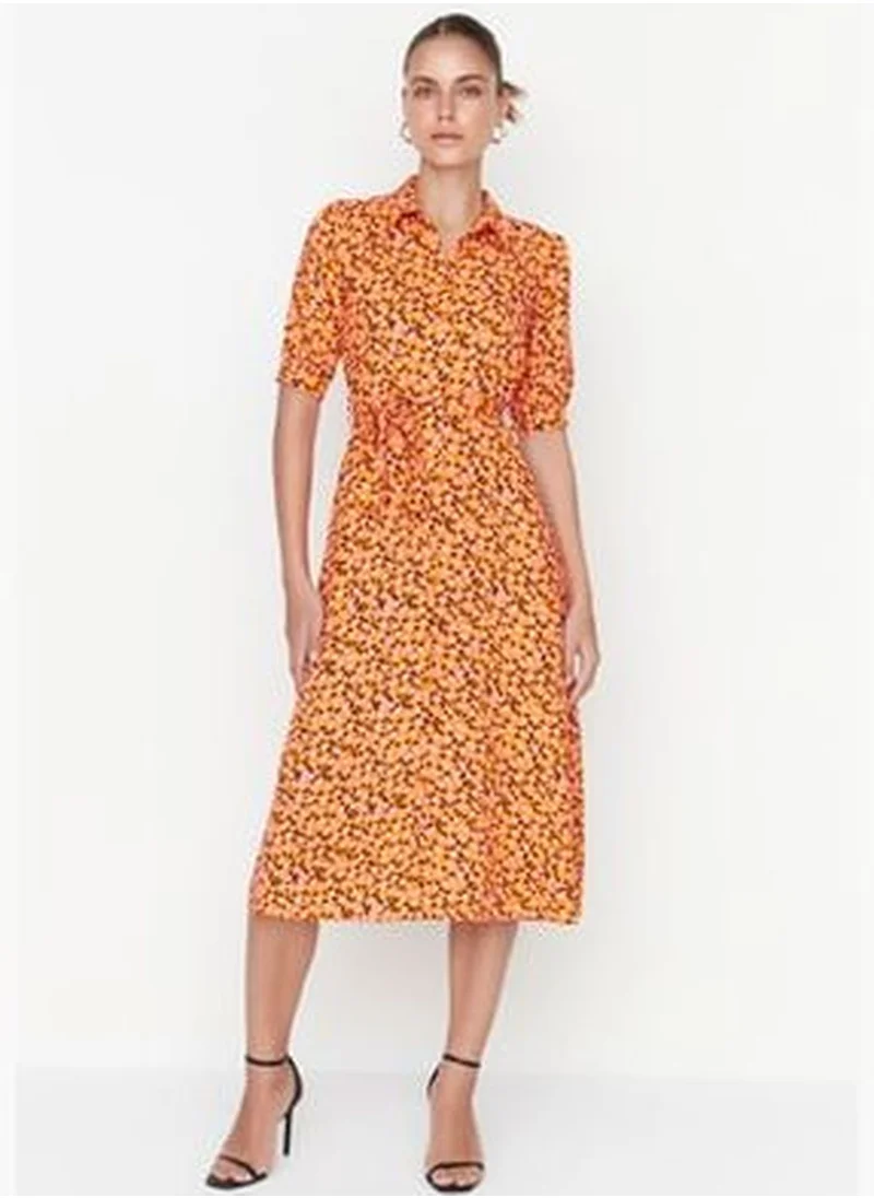 trendyol Orange Belted Shirt Midi Woven Floral Print Dress TWOSS20EL1559