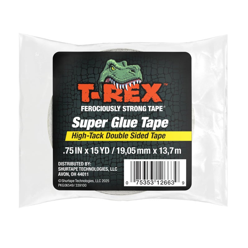 TRex Double Sided Super Glue Tape 075 x 15 Yards Clear 1 Pack 287704