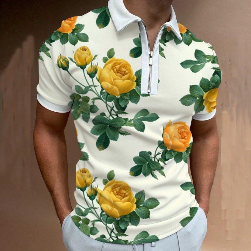 Men's New Variety of Printed Lapel Short Sleeve Pullover Casual Men's T-Shirt Zipper POLO Shirt One Piece LLPOLO26118 XL - Image 1