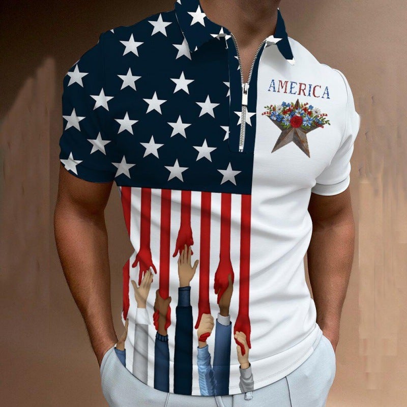 Men's New Variety of Printed Lapel Short Sleeve Pullover Casual Men's T-Shirt Zipper POLO Shirt One Piece LLPOLO26118 XL - Image 4