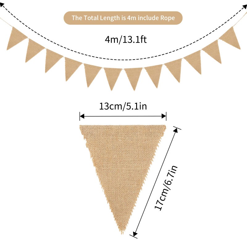 jijAcraft 60PCS 20M Rustic Burlap Banner Bunting, Linen Bunting Burlap Triangle Flags Hessian Banner for Wedding Favours,Baby Showers, Room or Garden Decorations, 13X17CM - Image 2