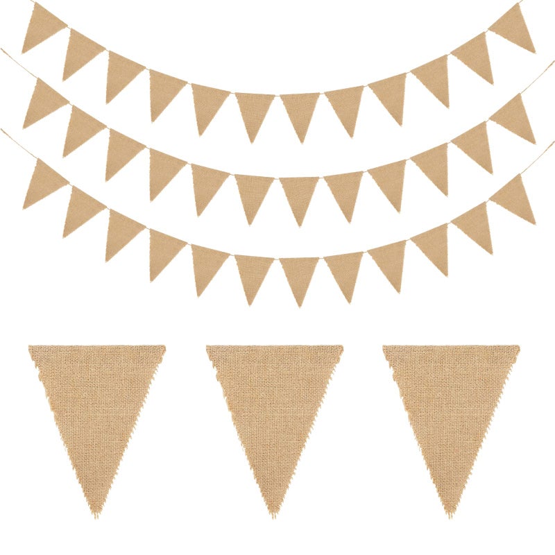 jijAcraft 60PCS 20M Rustic Burlap Banner Bunting, Linen Bunting Burlap Triangle Flags Hessian Banner for Wedding Favours,Baby Showers, Room or Garden Decorations, 13X17CM - Image 1