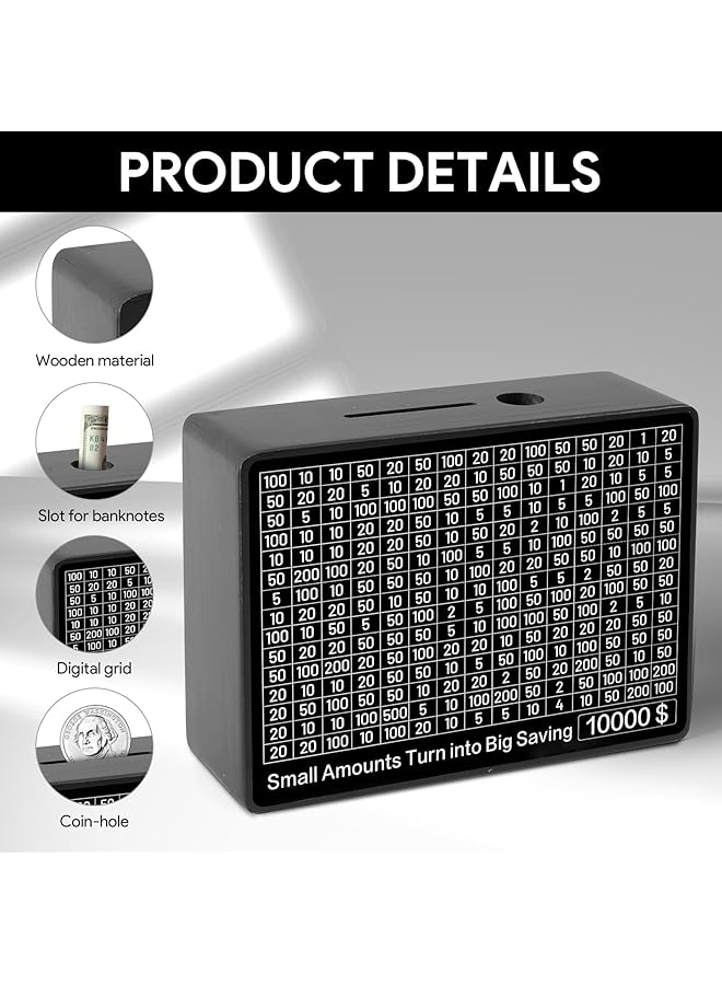 إيروريكس صندوق توفير النقود صندوق توفير خشبي حصالة نقود للكبار والصغار مع 8 أهداف توفير 500 10000 صندوق تحدي أهداف توفير النقود قطعة واحدة حافظة تخزين النقود لا يتطلب التثبيت - Image 5