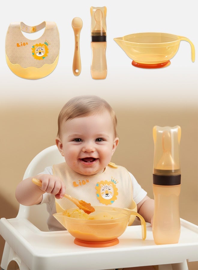 4 Pieces Baby Feeder Set, Toddler First Feeding Supplies with Baby Bowl, Adjustable Bib, Soft Spoon, Fruit Feeder, Infant Self Feeding Supplies Eating Utensils