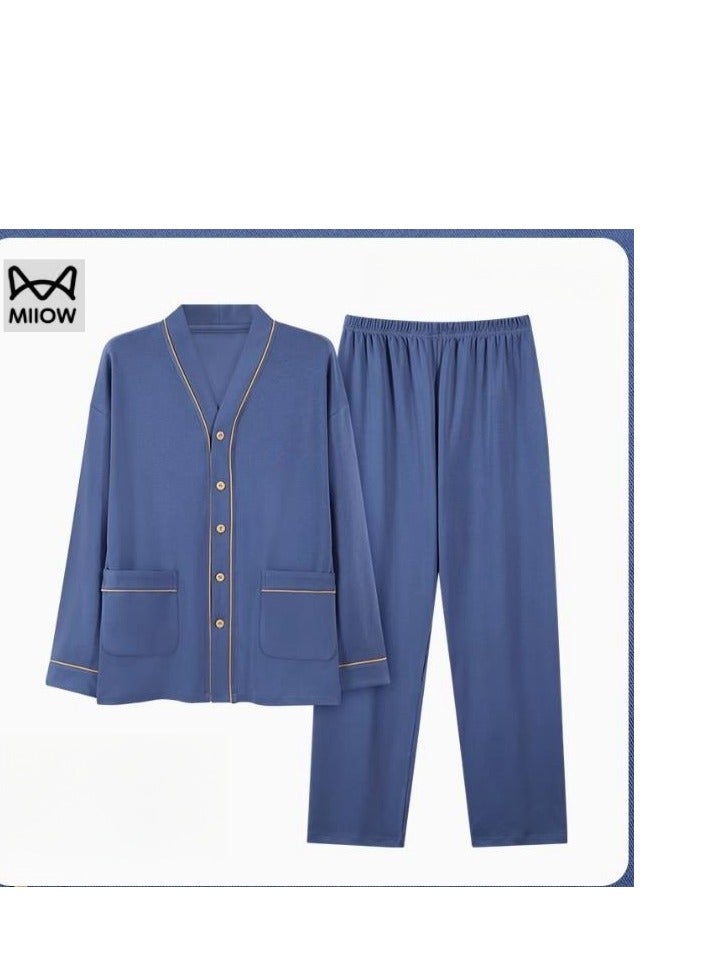 MIIOW ملابس منزلية رجالية من القطن الخالص بأكمام طويلة وسروال طويل يمكن ارتداؤها كطقم خارجي راقٍ - Image 1