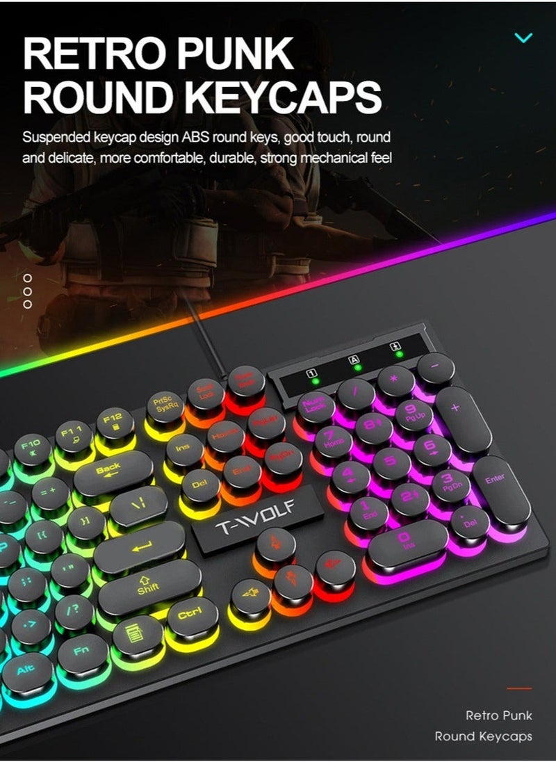T-WOLF Typewriter Style Mechanical Gaming Keyboard and Mouse Combo RGB Backlit Wired with Switch Retro Round Keycap 104 Keys Keyboard  Cool Light Up Keyboard and Mouse for Gaming,Work,Mac,PC,Windows  - Image 4