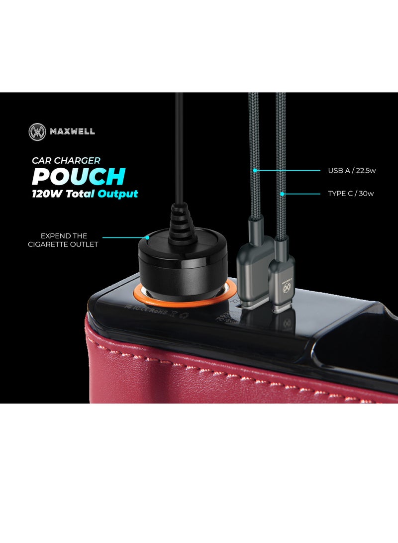 ماكسويل للالكترونيات منظم شاحن السيارة Maxwell مع شحن سريع USB-A متوافق مع iPhone 16 Pro Max، Samsung S25 Ultra، الكمبيوتر المحمول، الجهاز اللوحي، وغيرها. تركيب آمن في السيارة، جلد متين، تنظيم سهل (أحمر) - Image 3