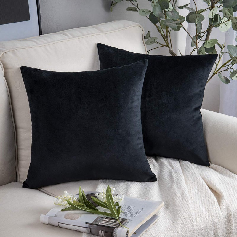 Phantoscope Pack of 2 Velvet Decorative Throw Pillow Covers Soft Solid Square Cushion Case for Couch Black 24 x 24 inches 60 x 60 cm