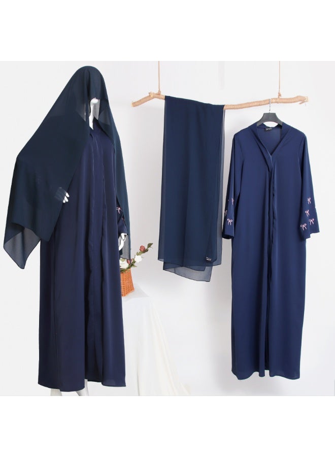 Women Open Abaya Set Bow Floral Embroidery Flared Sleeve Long Cardigan With Hijab - Image 1