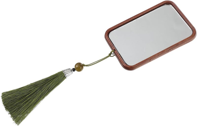Wooden Makeup Mirror with Tassel, Carved Square Compact Cosmetic Tool, Portable Travel Handheld Wood Mirror for Vanity and Personal Care - Image 1