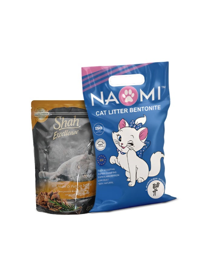 شاه طعام القطط شاه في صوص 85 جم + رمل القطط ناومي برائحة اللافندر 5 لتر – باقة مميزة - Image 1