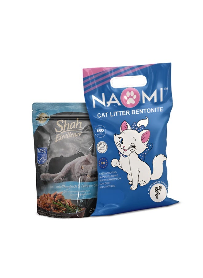 شاه طعام القطط شاه في صوص 85 جم + رمل القطط ناومي برائحة اللافندر 5 لتر – باقة مميزة - Image 2