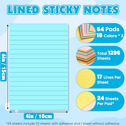 NUITPY 54 Pads Lined Sticky Notes, 18 Colors 4in x 6in Self Stick Note Pads, Strong Adhesive Sticky Note with Lines, Large Sticky Notes for School, Home, Office, 24 Sheets/Pad - Image 2