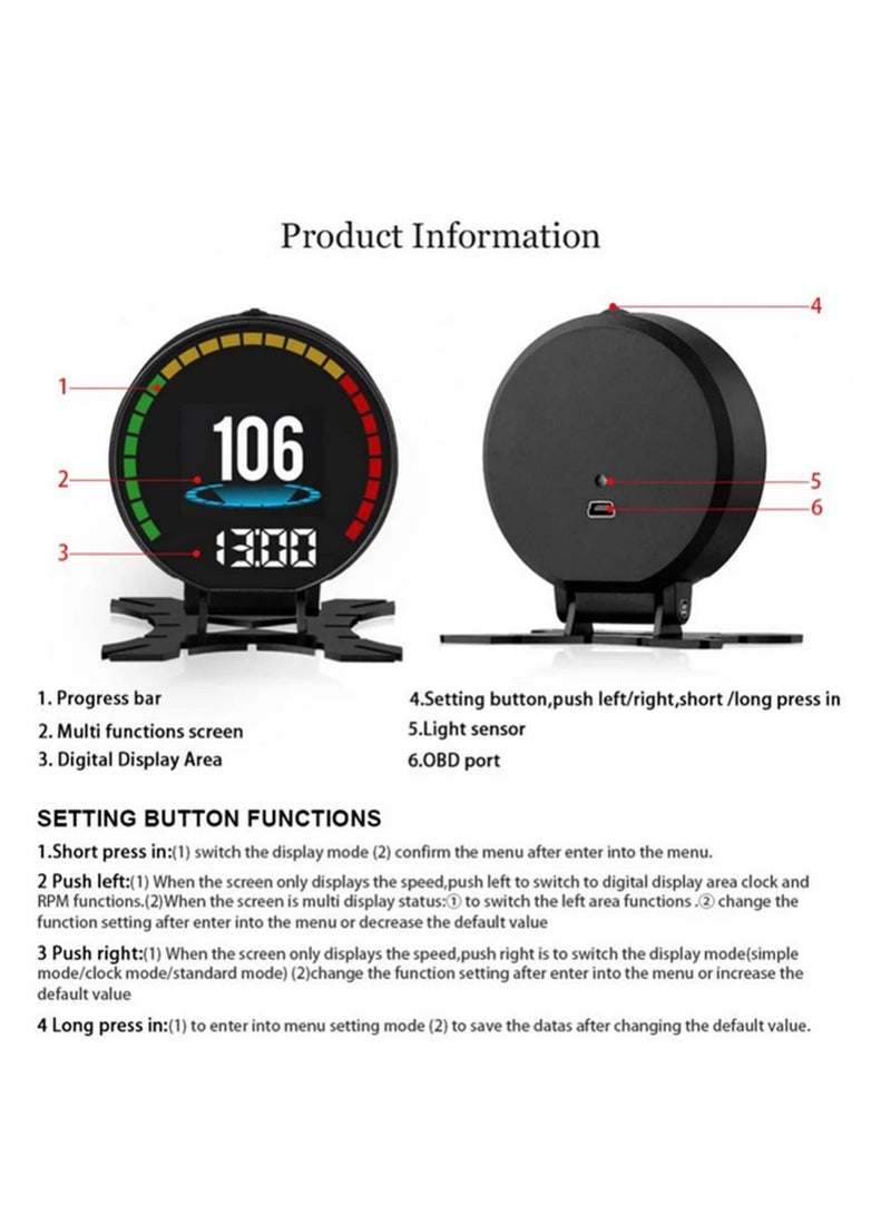 شاشة عرض رقمية OBD HUD لقياس السرعة، P15 بشاشة TFT عالية الدقة، مع مقياس ضغط الشاحن التوربيني OBD2، ومنبه، ومقياس حرارة الزيت والماء، وقارئ الأكواد - Image 5